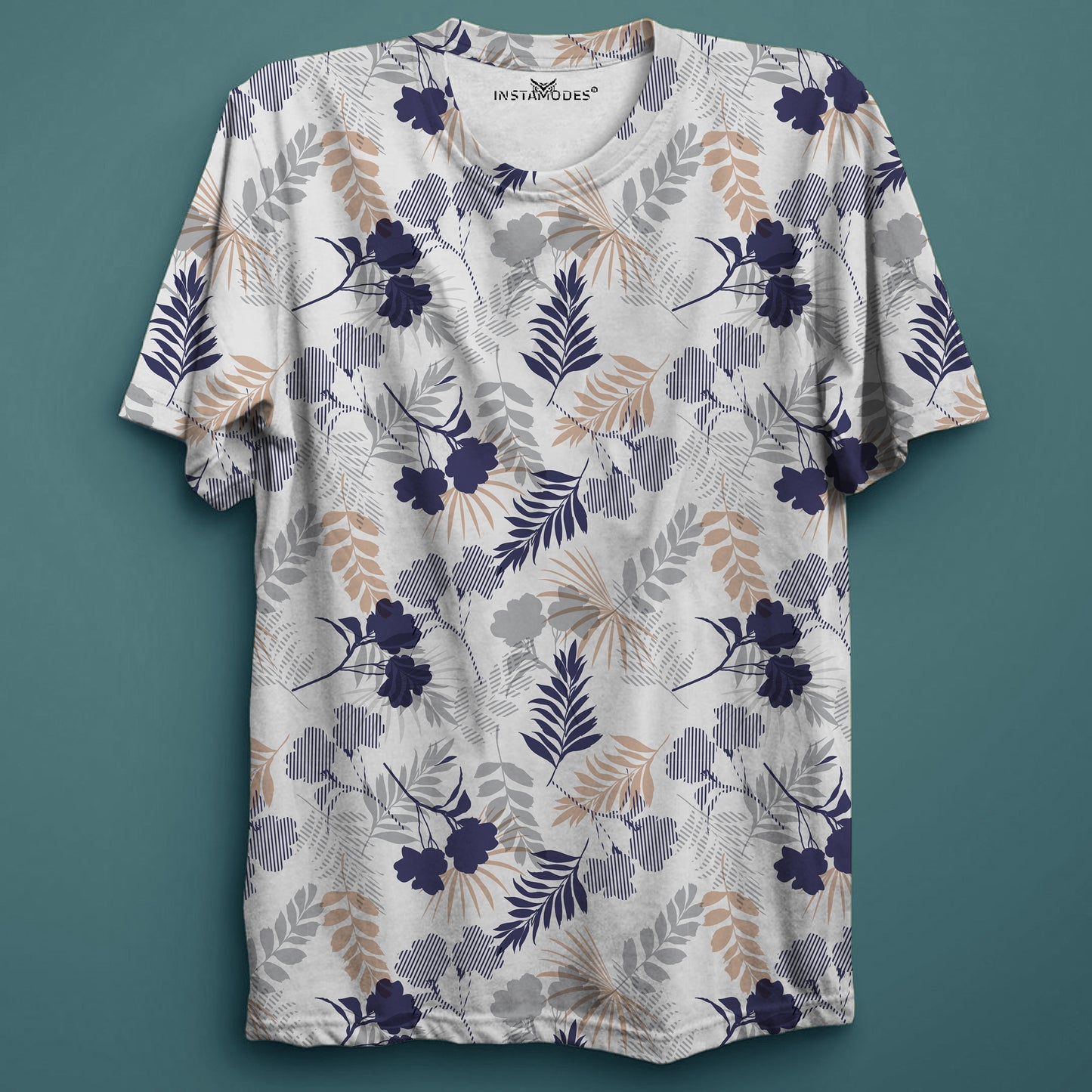 Tropical Blue Grey Stripe Leaves T-Shirt