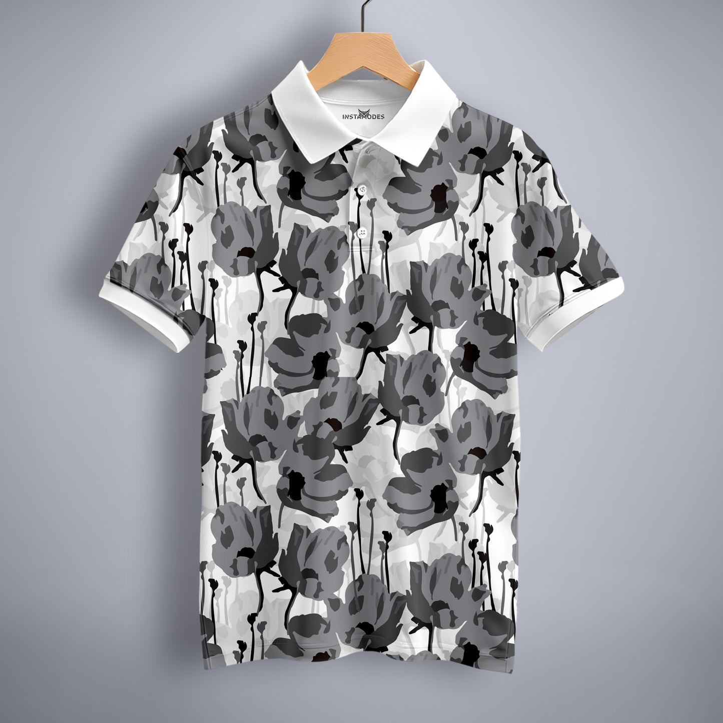 Black N White Flower Polo T-Shirt