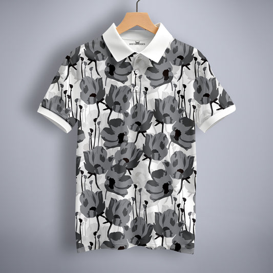Black N White Flower Polo T-Shirt