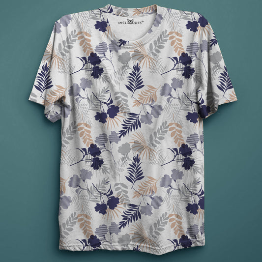 Tropical Blue Grey Stripe Leaves T-Shirt